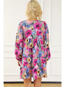 Floral Tie Neck Bubble Sleeve Shift Dress