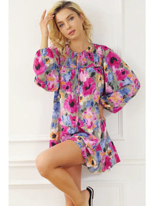Floral Tie Neck Bubble Sleeve Shift Dress