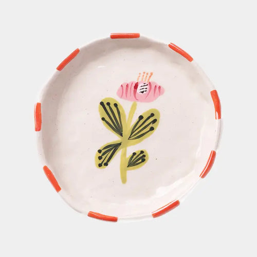 Pink Flower Red Rim Trinket Tray-Ceramic Trinket Ring Dish-Jewelry Tray