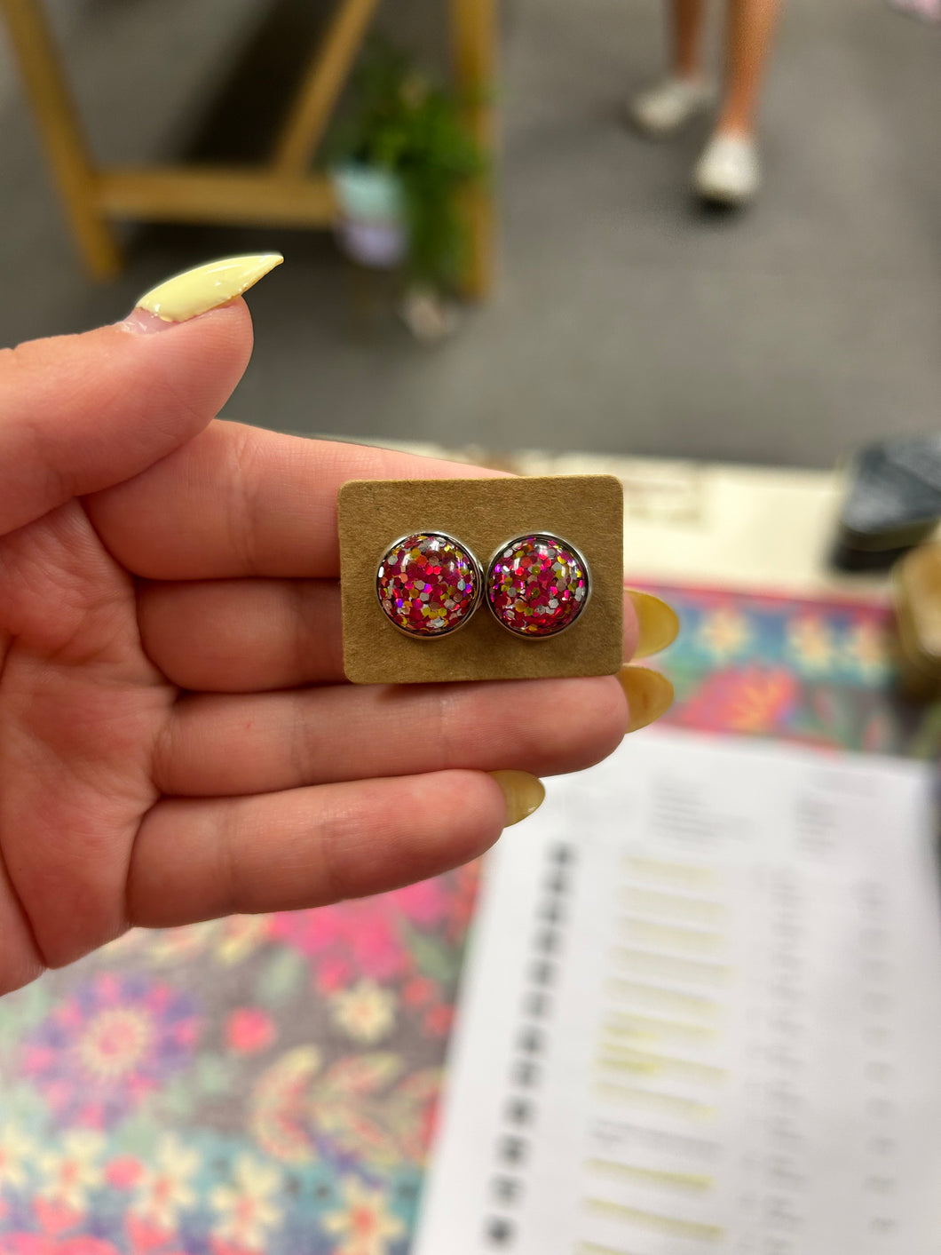 Pink, Silver, and Gold Confetti Dome Stud Earrings