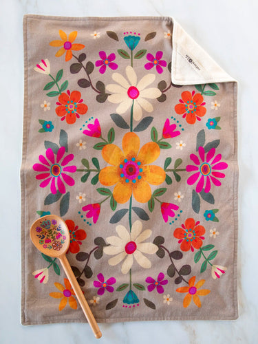 Natural Life Cotton Dish Towel Taupe Folk Flower
