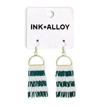 Allison Game Day Horizontal Stripes Beaded Fringe Earrings Dark Green and White