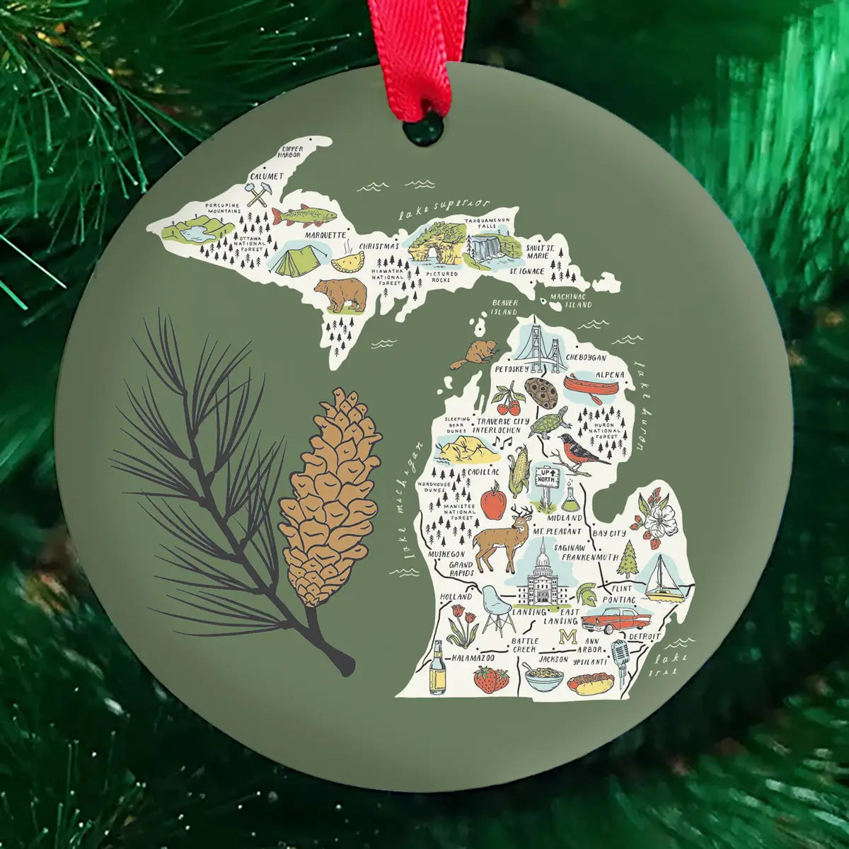 City Bird Illustrated Michigan Map Ornament