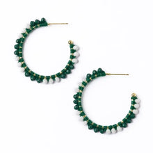 Game Day Crystal Threaded Beads Hoop Earrings Green + White