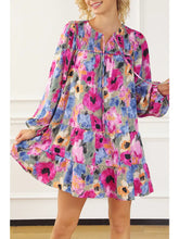 Floral Tie Neck Bubble Sleeve Shift Dress