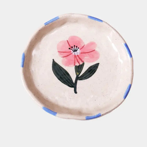Pink Flower Blue Rim Trinket Tray-Ceramic Trinket Ring Dish-Jewelry Tray
