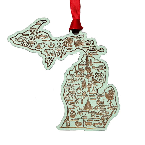 Illustrated Michigan Map Wooden Ornament