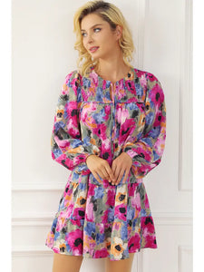 Floral Tie Neck Bubble Sleeve Shift Dress