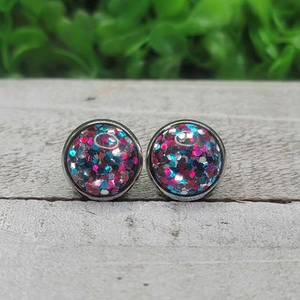Pink, Silver and Blue Confetti Dome Stud Earrings