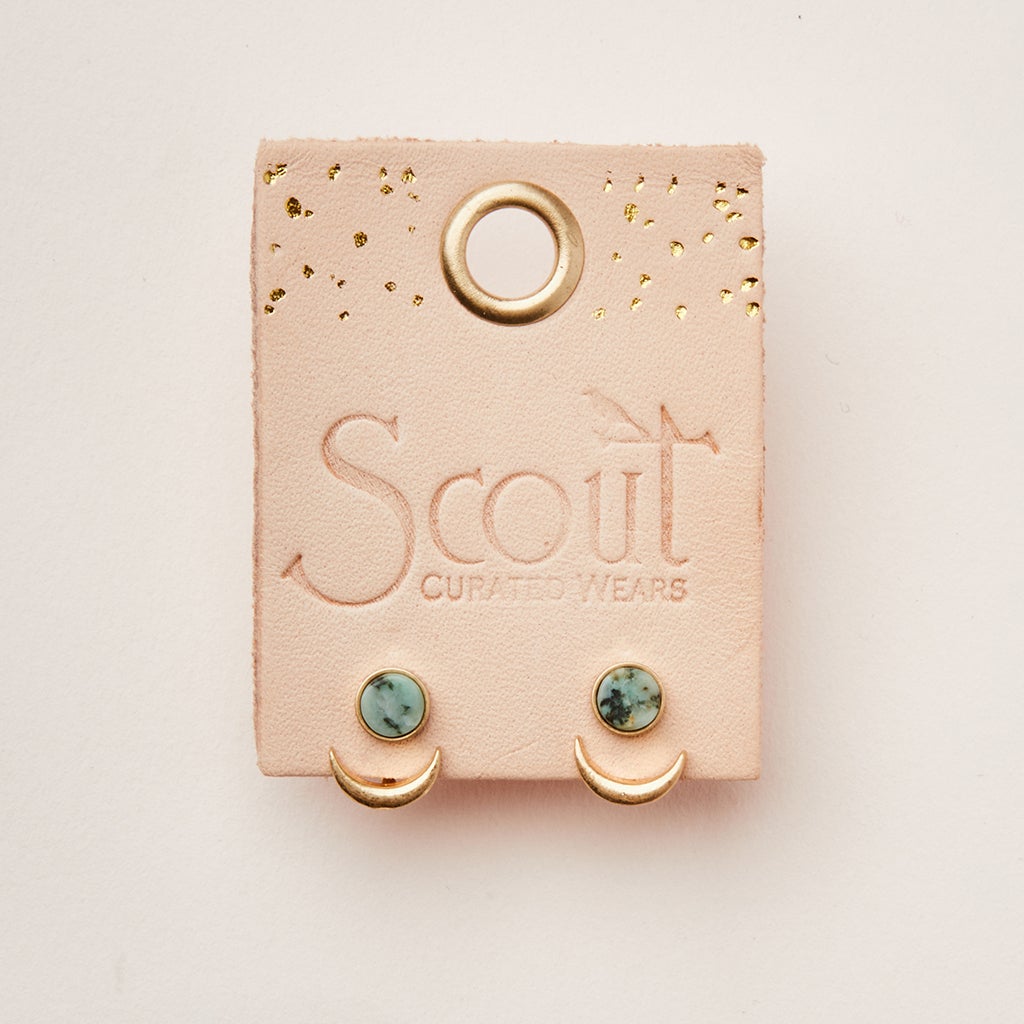 Stone Moon Phase Earrings in African Turquoise and Gold